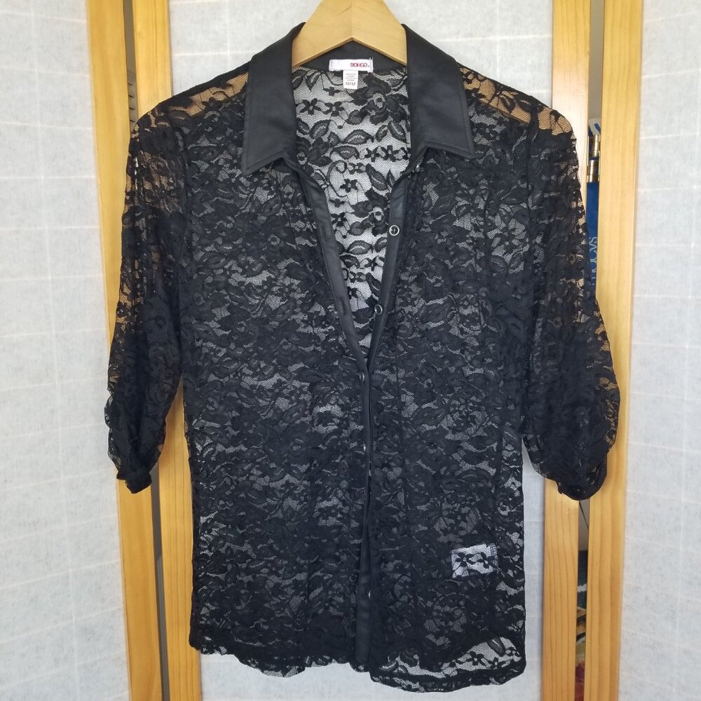 Bongo Y2K Sheer Lace Top Floral Button Up Faux Leather Trim Roll-tab Sleeves MED